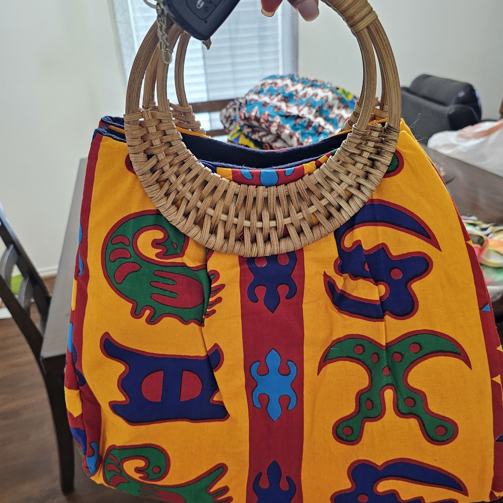 Colorful Patterned Women's Bag with Wicker Handles